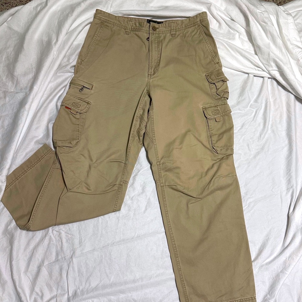 Eddie Bauer Cargo Pants Mens 34 Tan Straight Leg Utility Cotton Twill Sm Spot